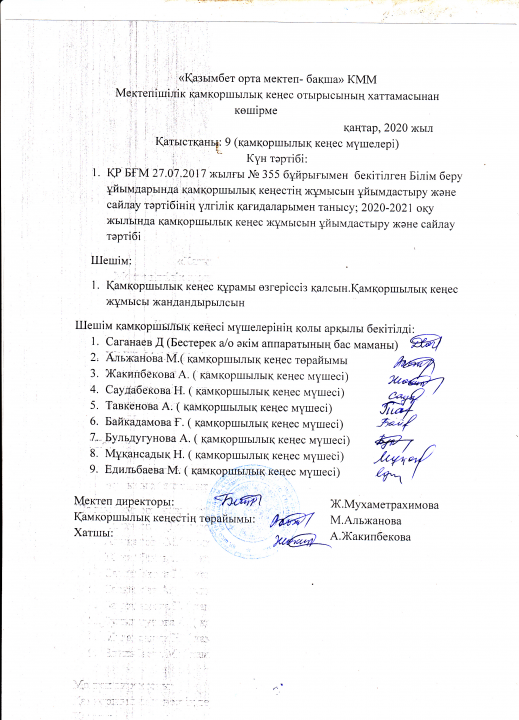 Қамқоршылық кеңес хаттамасынан көшірме 2020, қаңта  №1