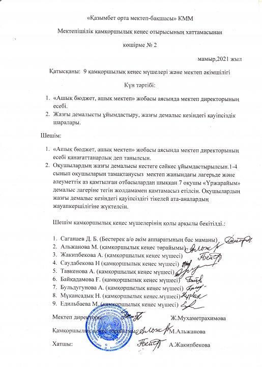 Қамқоршылық кеңес хаттамасы №2 мамыр 2021 жыл