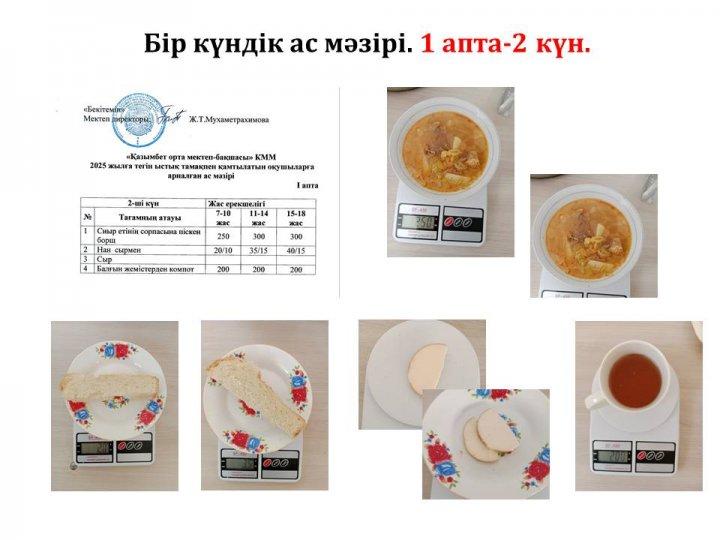 Бір күндік ас мәзірі. (1 апта-2 күн)