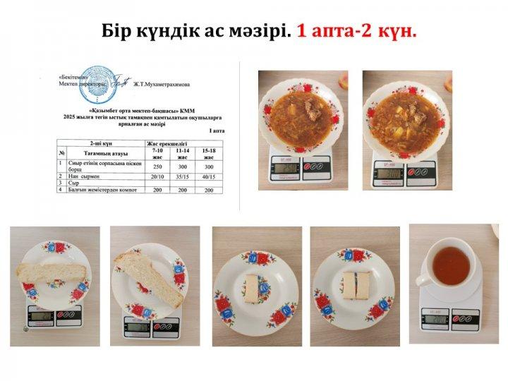Бір күндік ас мәзірі. (1 апта-2 күн)