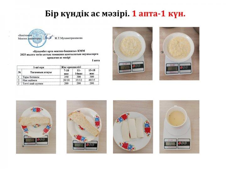 Бір күндік ас мәзірі. (1 апта-1 күн)