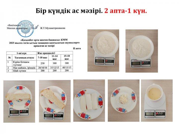 Бір күндік ас мәзірі. (2 апта-1 күн)