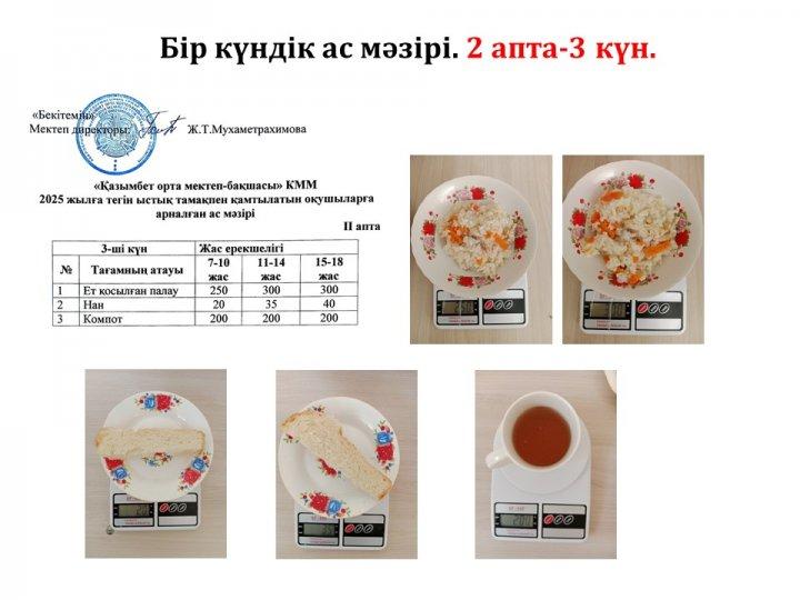 Бір күндік ас мәзірі. (2 апта-3 күн)