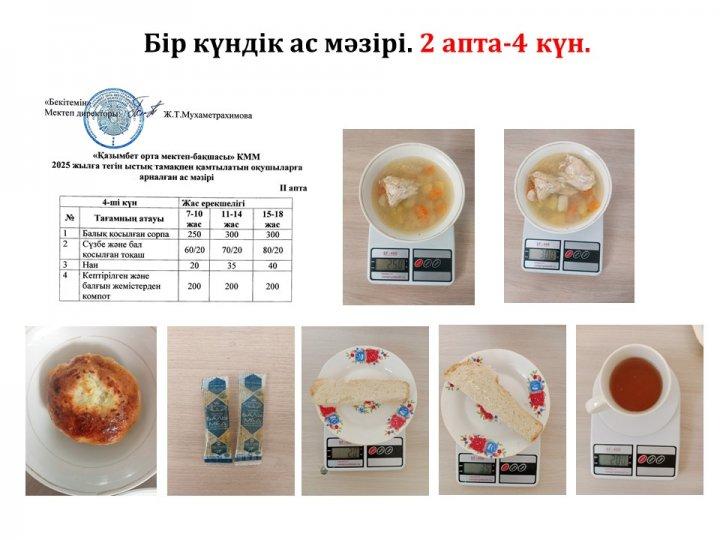 Бір күндік ас мәзірі. (2 апта-4 күн)