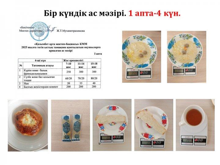 Бір күндік ас мәзірі. (1 апта-4 күн)